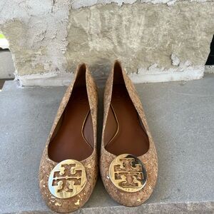 Tory Burch Tan Flats with Gold Logo